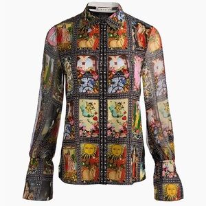 Alice + Olivia Tarot-Panel Sheer Button-Up Blouse XS